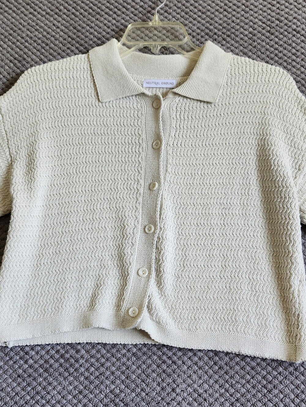 Neutral Ground Cream Crochet Crop Polo-Style Button Front Knit Top